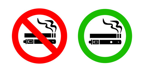 No smoking no vaping and smoking area sign set. Forbidden sign icon isolated on white background vector illustration. Cigarette, vape in prohibition circle and green allowed area.