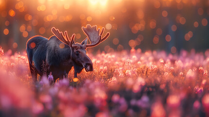 A moose grazes in a meadow. - Powered by Adobe