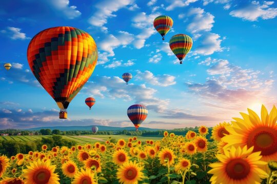 sunflower field with a clear blue sky and colorful hot air balloons.