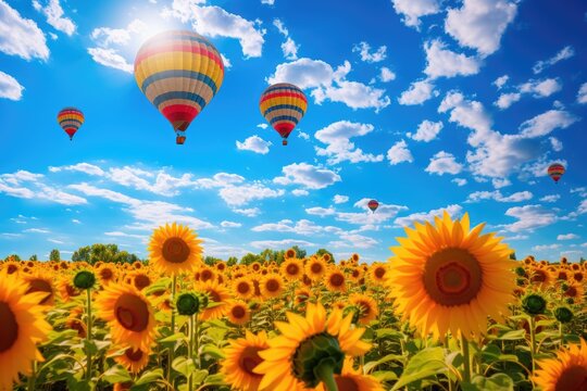 sunflower field with a clear blue sky and colorful hot air balloons.