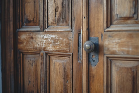 Aged wooden door with vintage brass knob. Classic architecture detail