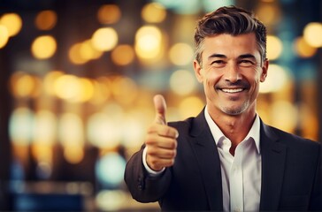 male businessman, executive thumb up pose with bokeh background