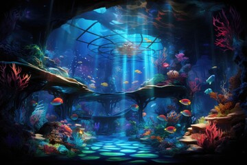 Fototapeta na wymiar vibrant 3D holographic representation of an underwater world filled with glowing fish.