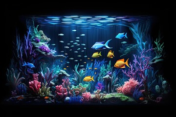 Obraz na płótnie Canvas vibrant 3D holographic representation of an underwater world filled with glowing fish.
