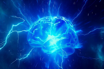 technological  brain with blue energy flowing thats looks like blue particles and brain connections, blue tone
