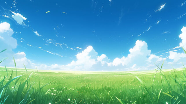 2d illustration of grass field scene, anime background