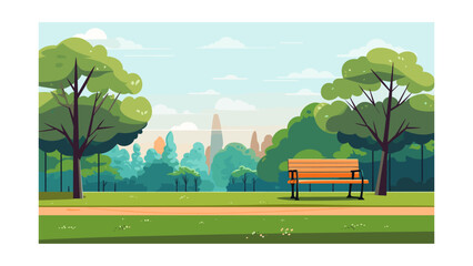 Fototapeta premium City park with bench, trees and skyscrapers. Vector illustration