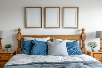 Modern bedroom interior with wooden bed and decorative pillows. Home comfort and design.