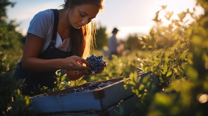 A young woman is picking blueberries and putting them in boxes to export overseas. Evening...