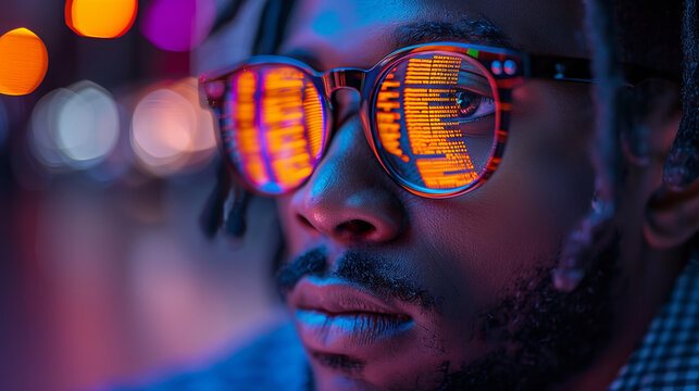 Close-up Portrait of Software Engineer Working on Computer, Line of Code Reflecting in Glasses. AI Artifical Intelegance concept