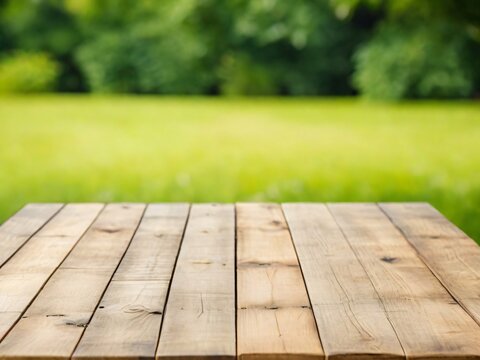 Empty rustic wooden table top on blurry green sunny garden background