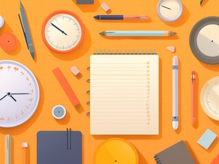 Flat Lay of Stationery with Clocks and Notebook. 
