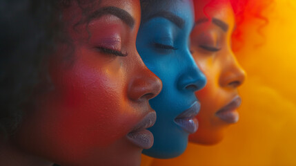 portrait of a black woman, International Women's Day concept background, three women Strong and brave girls supporting each other and the feminist movement. Sisterhood and females friends