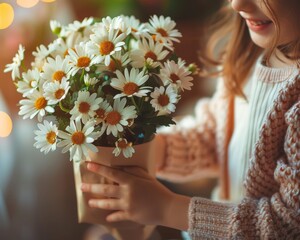 Close-up of a smiling child's hands embracing a potted bouquet of white daisies, embodying innocence and joy. - Powered by Adobe