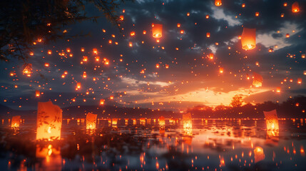 white paper lantern in the sky at the lake, Loi Krathong festival or Yi Peng in Thailand, people with white paper lanterns at Loy Krathong Thailand, Family release sky lanterns - obrazy, fototapety, plakaty