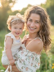 A joyful mother holding her smiling toddler, both enjoying a warm, sunny day in a field of green with soft sunlight in the background.
