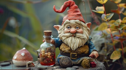 Plasticine gnome with a magic potion bottle clarity and colors vivid