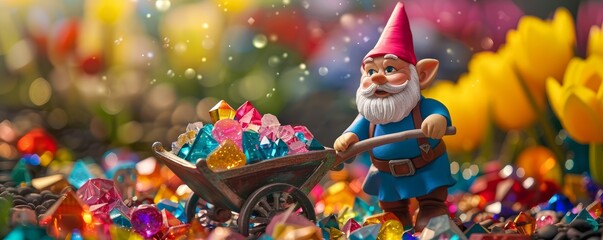 Plasticine gnome with a wheelbarrow full of gems vivid colors popping - obrazy, fototapety, plakaty