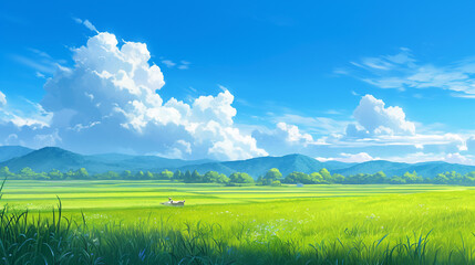 Obraz premium 2d illustration of wide grass scene, anime background