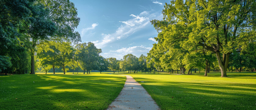 Public park with large trees, green grass field, walk path track
