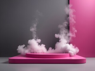 Podium, fuchsia and gray background with smoke. product platform, demo studio

