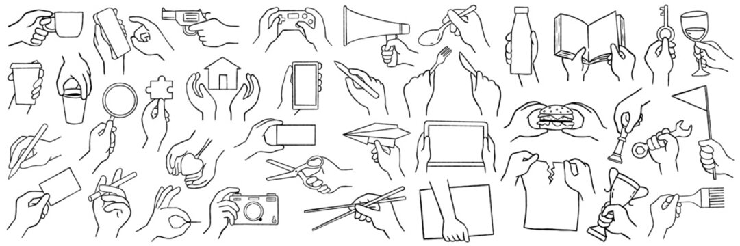 Big set of hands gesture with various objects, coffee cup, smartphone, business concept, book, heart, pen. Outline, linear, thin line art, hand drawn sketch, black and white ink style, 