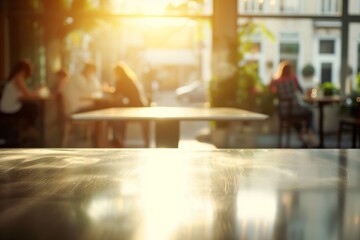 polished table, blurred patrons in sunlit cafe scene behind - obrazy, fototapety, plakaty