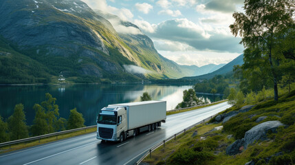 Modern semi-truck with clean white trailer speeding along a vast driving on the countryside road, transportation, modern supply chain, commercial transport, logistics management, trucking industry