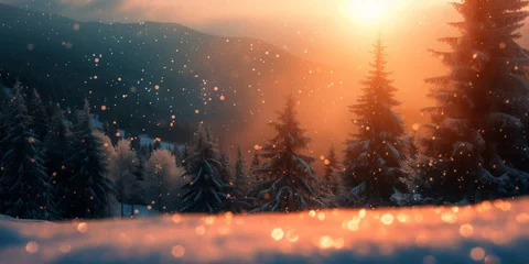Foto op Plexiglas A wintry scene featuring a snowy landscape with pine trees prominently in the foreground. © Yana