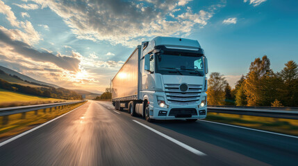 Modern semi-truck with clean white trailer speeding along a vast driving on the countryside road, transportation, modern supply chain, commercial transport, logistics management, trucking industry - obrazy, fototapety, plakaty