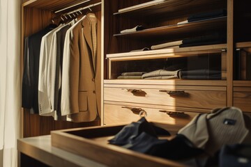 A sleek and stylish modern wardrobe featuring a wooden closet with various clothes neatly hung on a rail.