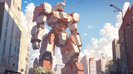 Obraz premium illustration big robot in the city, anime background