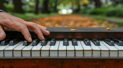 Man playing the piano in the park. Selective focus and shallow depth of field.
