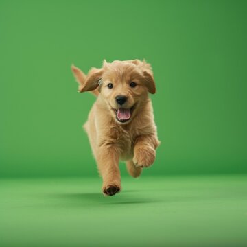 A golden retriever puppy running on a green screen. Generative AI.