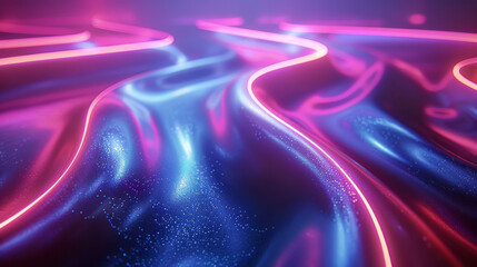 A vibrant landscape of flowing neon lines on a textured, glossy surface that simulates a futuristic or digital environment.