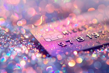 Glittering Close-Up of a Credit Card in a Fantastical Dream World. Concept Close-Up Photography, Credit Card, Glitter, Fantasy, Dream World - obrazy, fototapety, plakaty