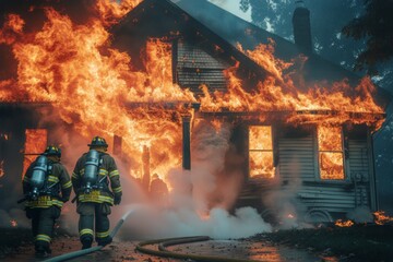 Two professional firefighters in full gear working together to extinguish a raging fire engulfing a house. - obrazy, fototapety, plakaty
