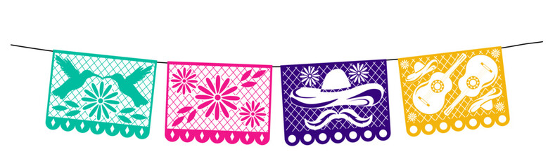 Mexican papel picado paper cut holiday flags and banners. Day of the Dead, Dia De Los Muertos and Cinco de Mayo flags with. Vector illustration. isolated on a white background.