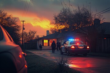 A police car is parked on the side of the road, ready for action. - obrazy, fototapety, plakaty