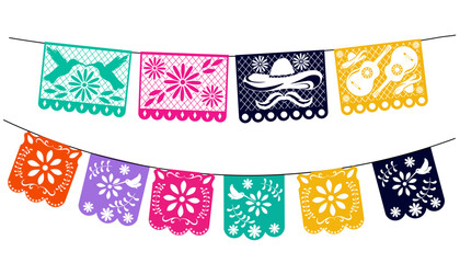 Mexican papel picado paper cut holiday flags and banners. Day of the Dead, Dia De Los Muertos and Cinco de Mayo flags with. Vector illustration. isolated on a white background. - obrazy, fototapety, plakaty