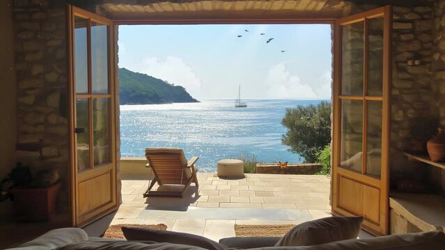 view of the sea from living room. sea view from the window. seamless looping overlay 4k virtual video animation background 