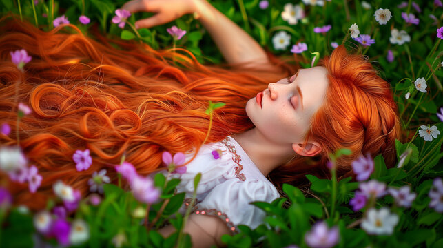 Portrait of a Beautiful Woman Sleeping with Flowers