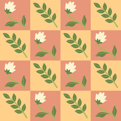 Checkered seamless pattern with flowers and leaves. Vector graphics.