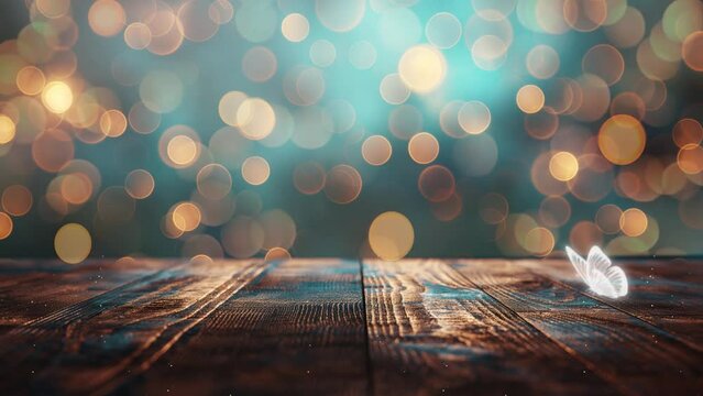 wood table top on shiny bokeh abstract background. seamless looping overlay 4k virtual video animation background 