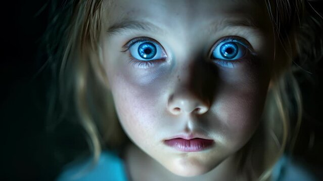 A young girl with wide eyes and a fearful expression illustrating a avoidant personality disorder, Close Up of a Child With Blue Eyes