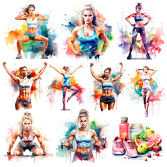 Fitness concept set. Fit girl. Watercolor hand drawn illustration isolated on white background. Mixed media