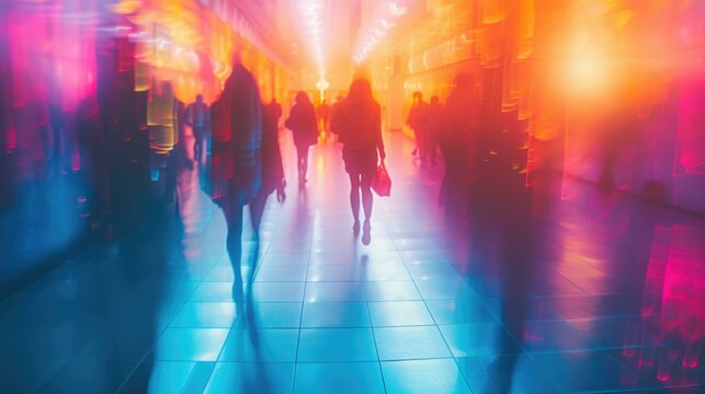 People walking in an empty hallway with colorful lights. Generative AI.