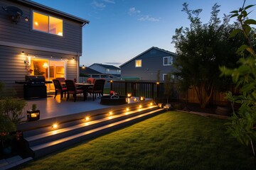 backyard of a house with deck lights and lit barbecue area