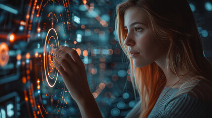 A woman interacts with advanced futuristic digital technology displayed as holographic interface in front of her