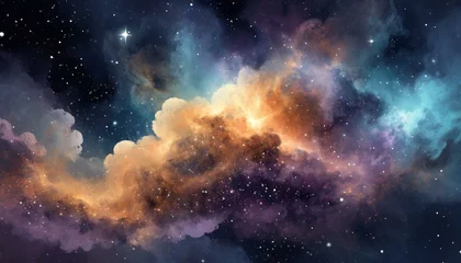 Gordijnen Colorful space galaxy cloud nebula. Stary night cosmos. Universe spiral science astronomy. Supernova background wallpaper © Bilal
